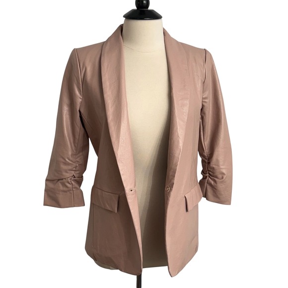 Skies Are Blue Jackets & Blazers - Women 3/4 Ruched Sleeves, Shawl Collar Lapel, Faux Leather Blazer